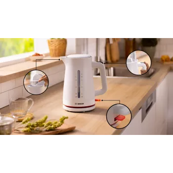 Sähköinen vedenkeitin Bosch TWK3M121 — 1,7 L, 2400 W, valkoinen, muovirunko
