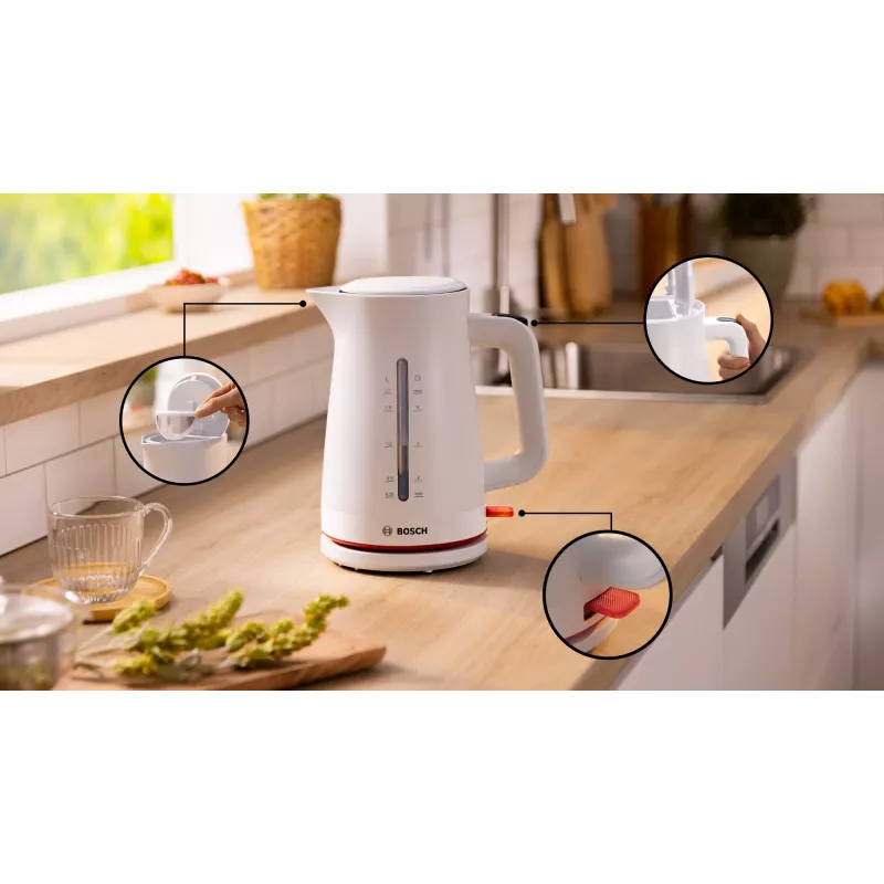 Sähköinen vedenkeitin Bosch TWK3M121 — 1,7 L, 2400 W, valkoinen, muovirunko