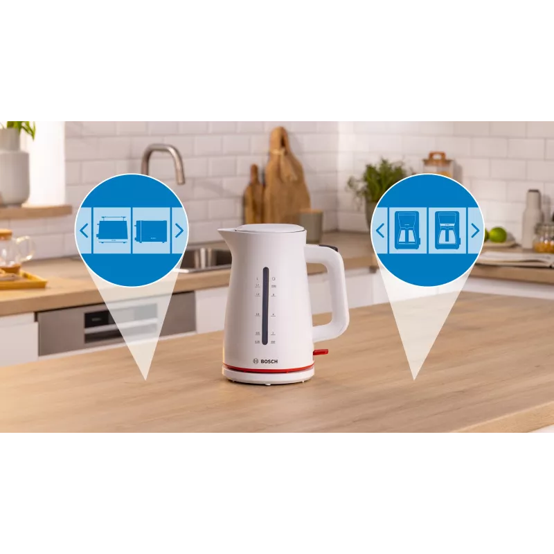 Sähköinen vedenkeitin Bosch TWK3M121 — 1,7 L, 2400 W, valkoinen, muovirunko