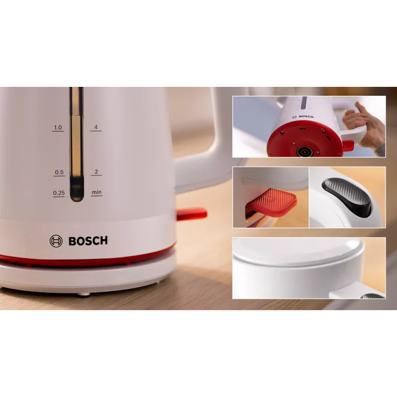 Sähköinen vedenkeitin Bosch TWK3M121 — 1,7 L, 2400 W, valkoinen, muovirunko