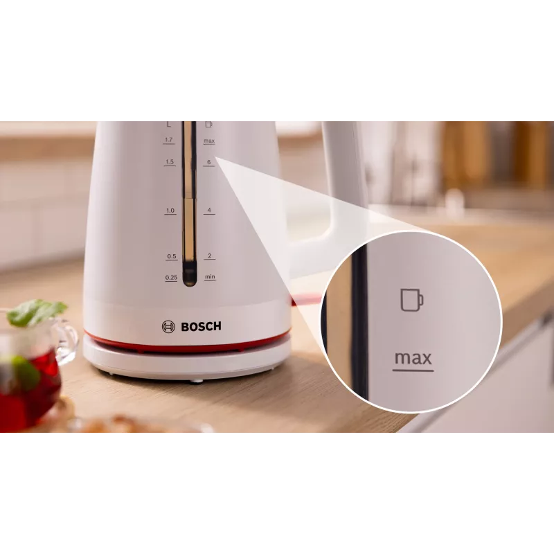 Sähköinen vedenkeitin Bosch TWK3M121 — 1,7 L, 2400 W, valkoinen, muovirunko