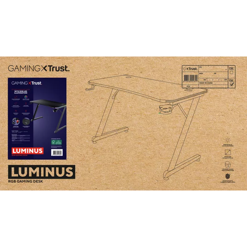 Suorakaiteen muotoinen pöytä TRUST GXT 709 LUMINUS musta 1200x600x740 mm