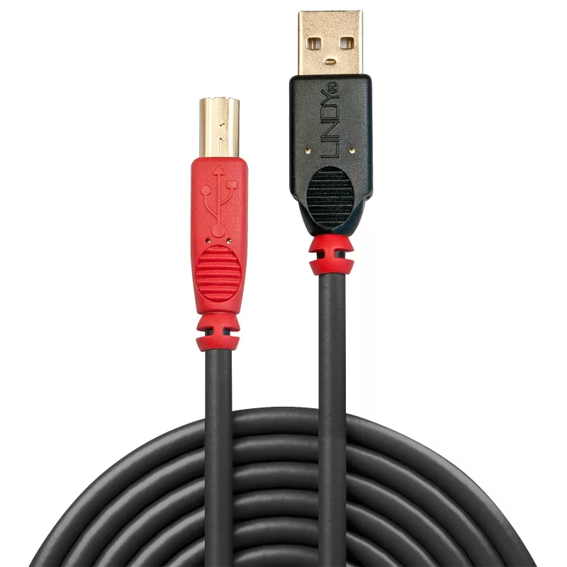 Lindy 15 m USB 2.0 Type-A - Type-B aktiivikaapeli, 15 m, USB A, USB B, USB 2.0, uros/uros, musta, punainen