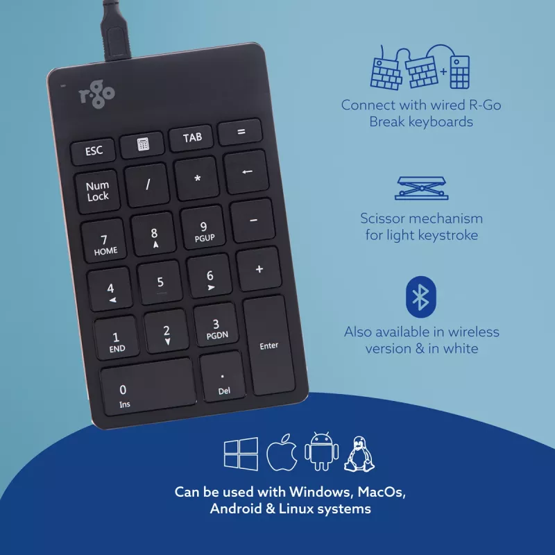 R-Go Tools numeronäppäimistö R-Go Numpad Break, ergonominen numeronäppäimistö tauko-ohjelmistolla, johdollinen, musta