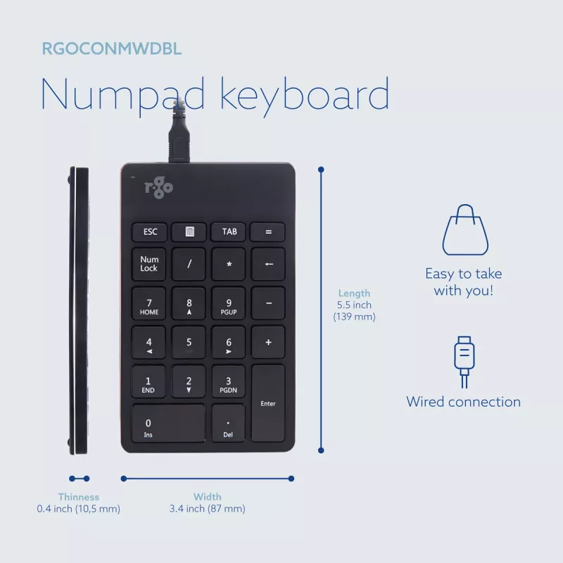 R-Go Tools numeronäppäimistö R-Go Numpad Break, ergonominen numeronäppäimistö tauko-ohjelmistolla, johdollinen, musta