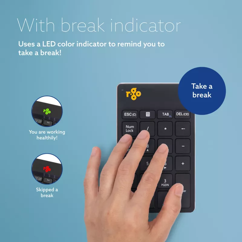 R-Go Tools numeronäppäimistö R-Go Numpad Break, ergonominen numeronäppäimistö tauko-ohjelmistolla, Bluetooth, musta