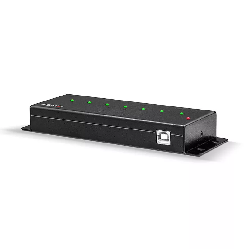 Lindy 42794 7-porttinen teollinen USB 2.0 -metallihubi, 480 Mbit/s, kiinnityskorvakkeet, ulkoinen virtalähde, musta