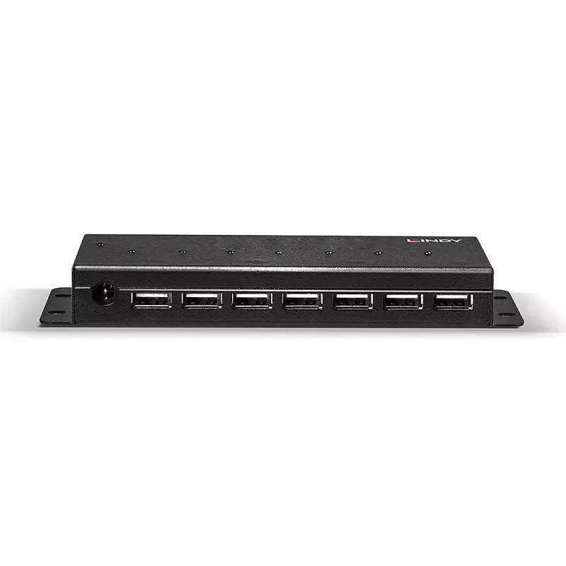 Lindy 42794 7-porttinen teollinen USB 2.0 -metallihubi, 480 Mbit/s, kiinnityskorvakkeet, ulkoinen virtalähde, musta