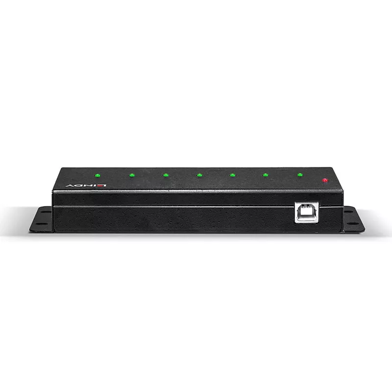 Lindy 42794 7-porttinen teollinen USB 2.0 -metallihubi, 480 Mbit/s, kiinnityskorvakkeet, ulkoinen virtalähde, musta