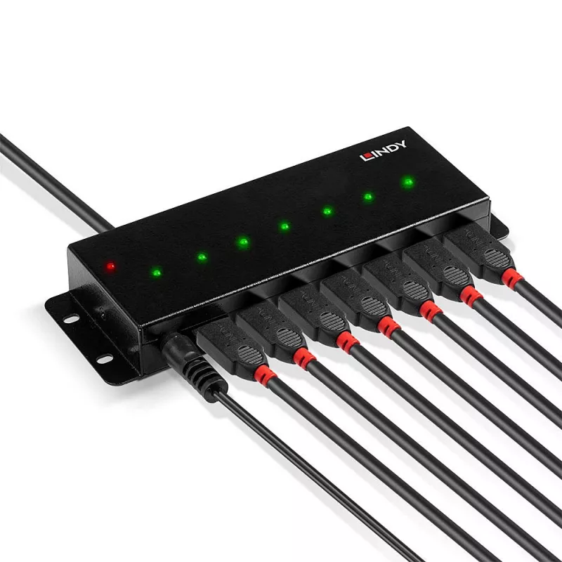 Lindy 42794 7-porttinen teollinen USB 2.0 -metallihubi, 480 Mbit/s, kiinnityskorvakkeet, ulkoinen virtalähde, musta