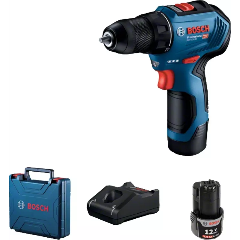 Bosch GSR 12V-30 akkuruuvinväännin, 2x 2,0 Ah, 30/17 Nm, harjaton, kotelo