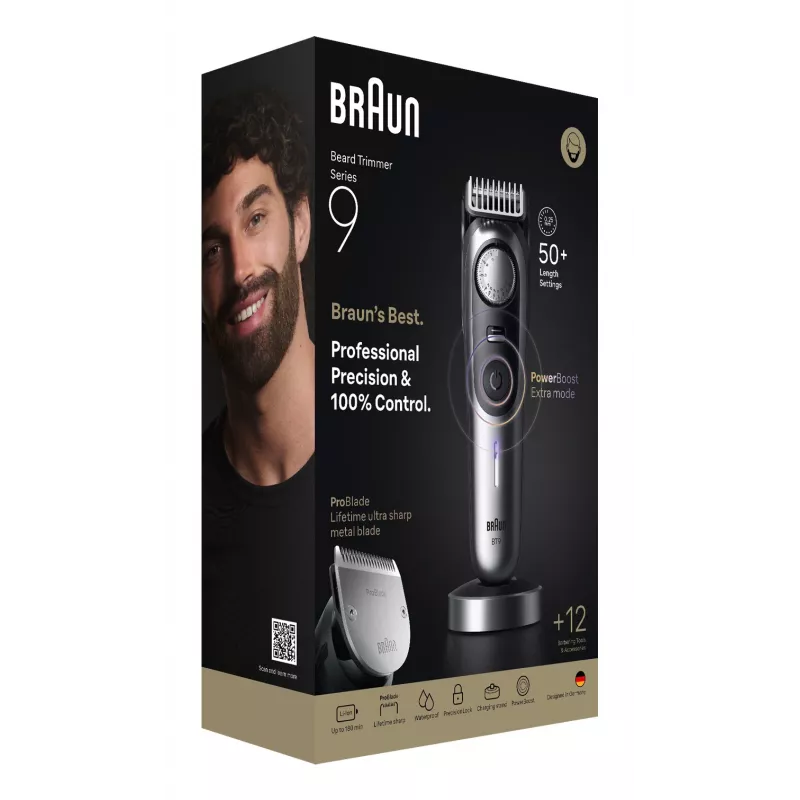 Braun BeardTrimmer 9 BT9560 parranleikkuri akku 52 2 cm märkä ja kuiva musta, hopea