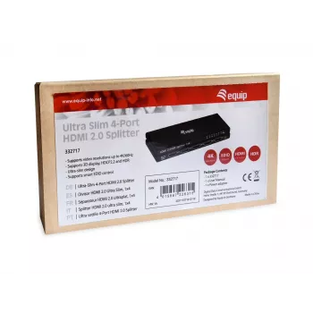 Equip Ultra ohut 4-porttinen HDMI 2.0 -jakaja, HDMI, 4x HDMI, 3840 x 2160 pikseliä, musta, alumiini, 4K Ultra HD