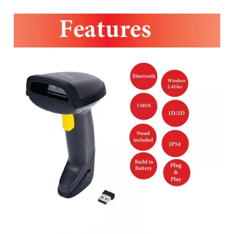 Equip langaton 2D dual-mode 2,4GHz + Bluetooth viivakoodilukija, jalustalla