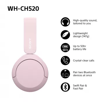Sony WHCH520P.CE7, langaton, 20 - 20000 Hz, puhelut/musiikki, 147 g, kuulokemikrofoni, pinkki