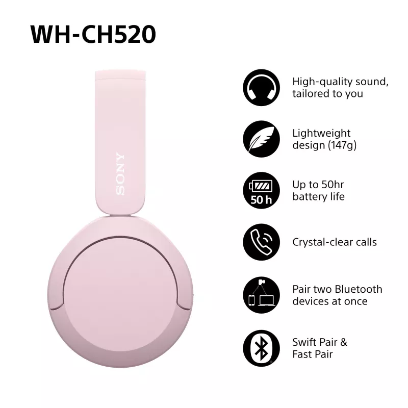 Sony WHCH520P.CE7, langaton, 20 - 20000 Hz, puhelut/musiikki, 147 g, kuulokemikrofoni, pinkki