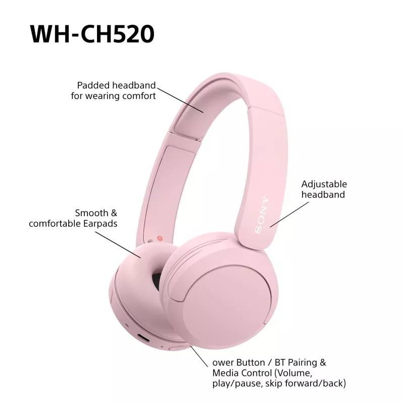 Sony WHCH520P.CE7, langaton, 20 - 20000 Hz, puhelut/musiikki, 147 g, kuulokemikrofoni, pinkki