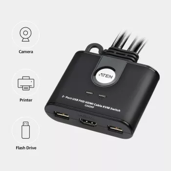 ATEN 2-Port USB FHD HDMI kaapeli KVM-kytkin, 1920 x 1200 pikseliä, Full HD, 1,518 W, musta