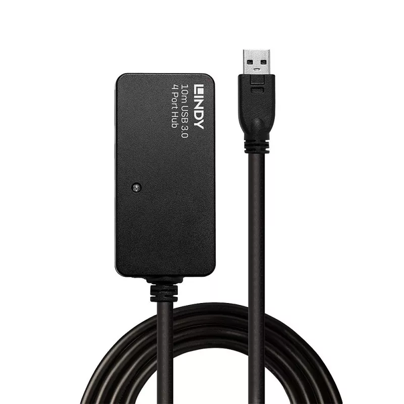Lindy 43159 USB 3.0 aktiivinen jatko-Pro-keskitin, 4 porttia, USB 3.2 Gen 1 (5 Gbit/s), USB-A, 10 m, musta
