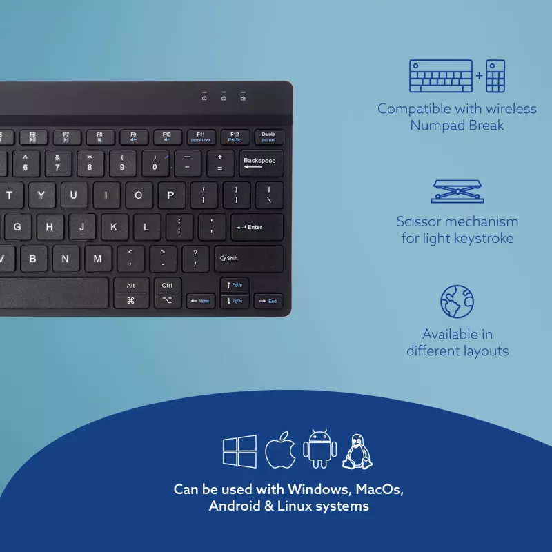 R-Go Tools ergonominen näppäimistö R-Go Compact Break, kompakti näppäimistö tauko-ohjelmistolla, QWERTY (US), Bluetooth, musta