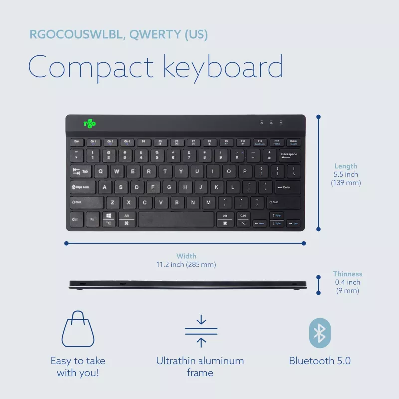 R-Go Tools ergonominen näppäimistö R-Go Compact Break, kompakti näppäimistö tauko-ohjelmistolla, QWERTY (US), Bluetooth, musta