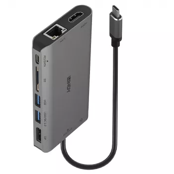 Lindy DST-Mini XT, USB-C kannettavan tietokoneen mini-telakka yhdellä näytöllä (4K) tai kahdella näytöllä (Full HD) ja 100W läpivientilataus
