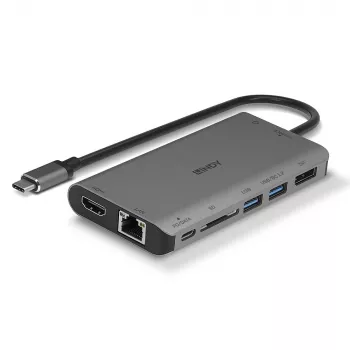 Lindy DST-Mini XT, USB-C kannettavan tietokoneen mini-telakka yhdellä näytöllä (4K) tai kahdella näytöllä (Full HD) ja 100W läpivientilataus
