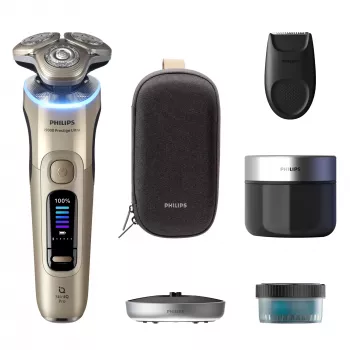 Sähköparranajokone Philips i9000 Prestige Ultra XP9403 — 3-päinen rotaatiojärjestelmä, SkinIQ Pro, märkä- ja kuivaparranajo, akku, puhdistusasema, kulta
