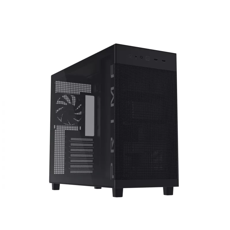 ASUS PRIME AP303 TG 90DC00V0-B39010 Midi Tower -tietokonekotelo, ATX/Micro-ATX/Mini-ITX, karkaistu lasi, 2x USB 3.2, ilman virtalähdettä, musta