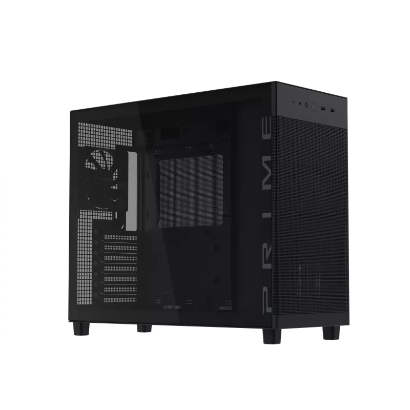 ASUS PRIME AP303 TG 90DC00V0-B39010 Midi Tower -tietokonekotelo, ATX/Micro-ATX/Mini-ITX, karkaistu lasi, 2x USB 3.2, ilman virtalähdettä, musta