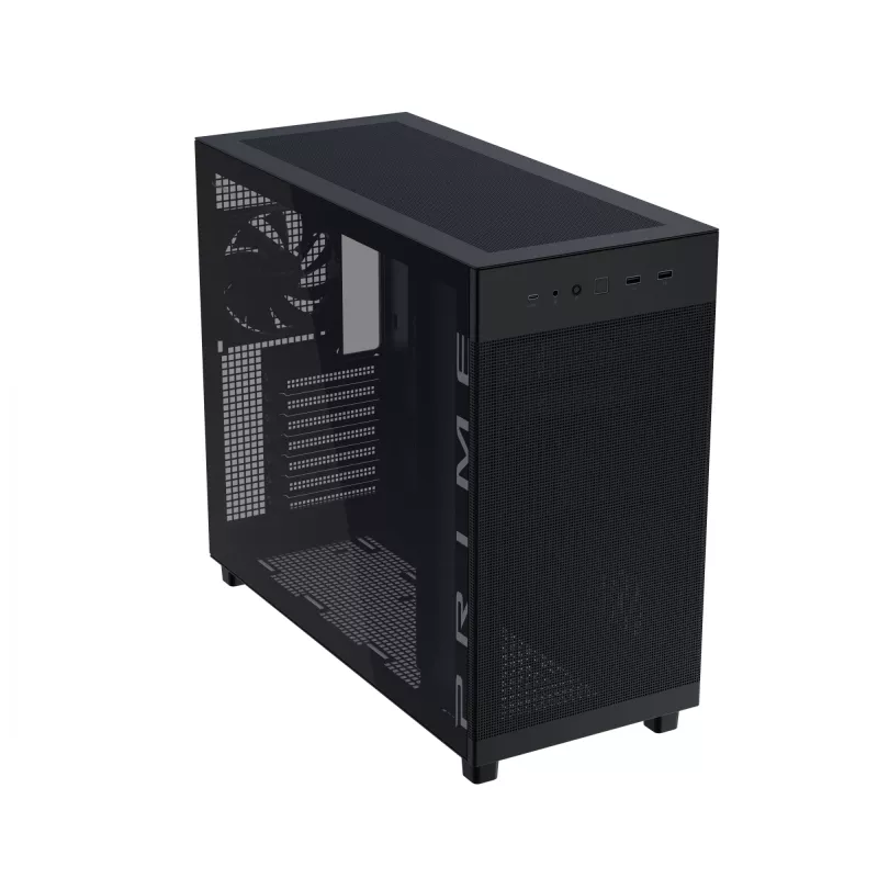 ASUS PRIME AP303 TG 90DC00V0-B39010 Midi Tower -tietokonekotelo, ATX/Micro-ATX/Mini-ITX, karkaistu lasi, 2x USB 3.2, ilman virtalähdettä, musta