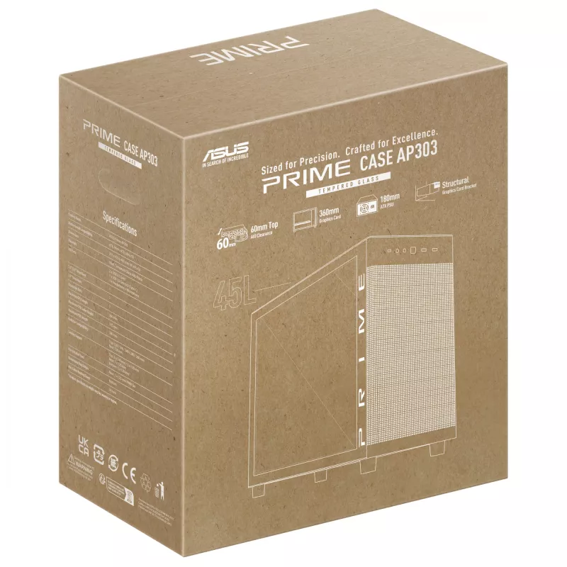 ASUS PRIME AP303 TG 90DC00V0-B39010 Midi Tower -tietokonekotelo, ATX/Micro-ATX/Mini-ITX, karkaistu lasi, 2x USB 3.2, ilman virtalähdettä, musta