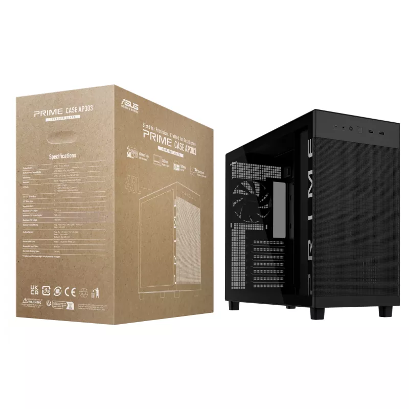 ASUS PRIME AP303 TG 90DC00V0-B39010 Midi Tower -tietokonekotelo, ATX/Micro-ATX/Mini-ITX, karkaistu lasi, 2x USB 3.2, ilman virtalähdettä, musta