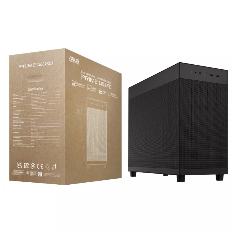 PC-kotelo ASUS Prime AP303 Mesh Midi Tower — ATX, tukee GPU 36 cm, CPU-jäähdytin 165 mm, USB-A 2×, USB-C 1