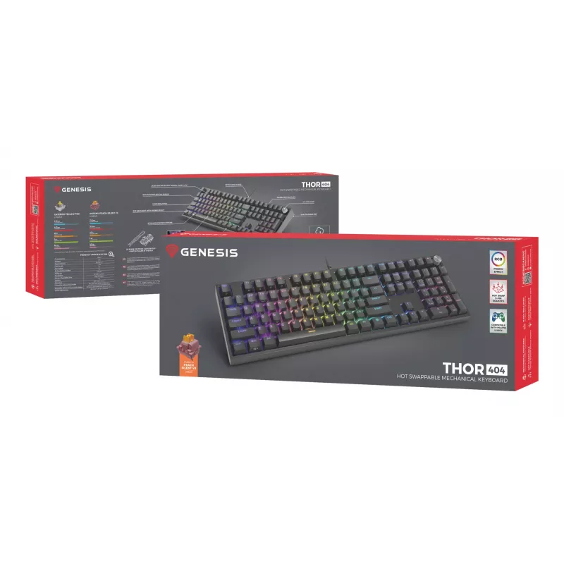 Mekaaninen näppäimistö Genesis THOR 404 — Full-Size 100 % USB QWERTY englanti, musta, RGB