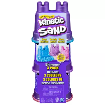 Kinetic Sand, Shimmer Sand 3 kpl:n pakkaus muotteineen ja 340g, kineettinen hiekka lapsille, 4 vuotta, myrkytön, muovi, sininen, pinkki, violetti