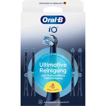 Oral-B iO Ultimate Clean vaihtoharjaspäät — 8 kpl:n pakkaus, musta, ylivoimaiseen plakin poistoon