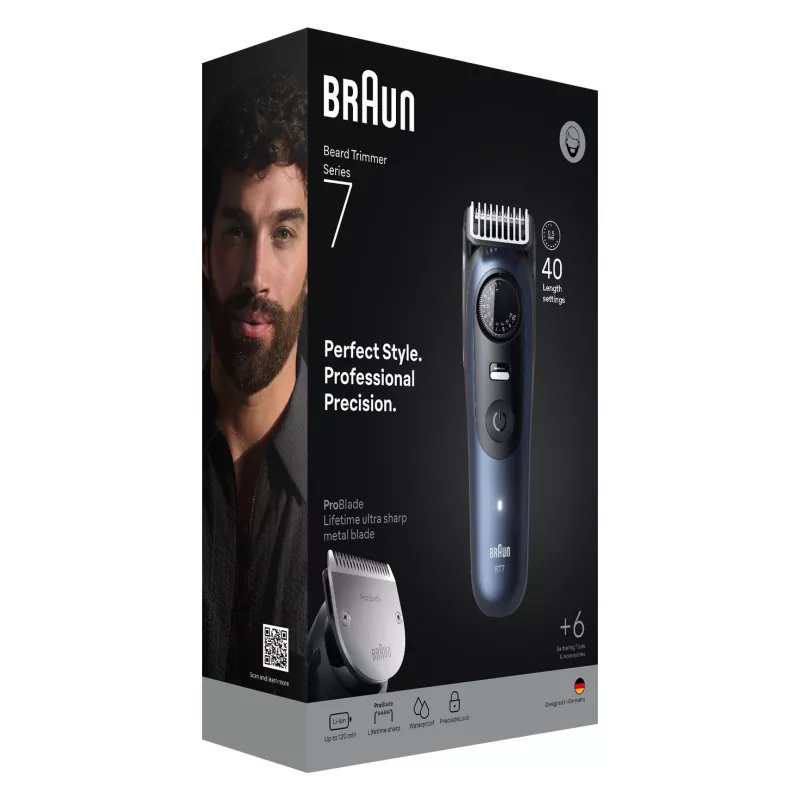 Braun BeardTrimmer 7 BT7520 akku 40 2 cm märkä & kuiva musta, sininen