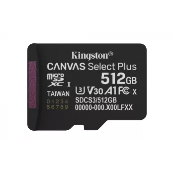 Kingston Technology 512GB micSDXC Canvas Select Plus Gen3 150R A1 yksittäispakkaus ilman adapteria