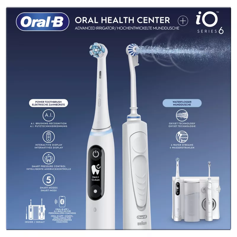 Oral-B iO6 sähköhammasharja ja OxyJet-suuhygieniakeskus, valkoinen