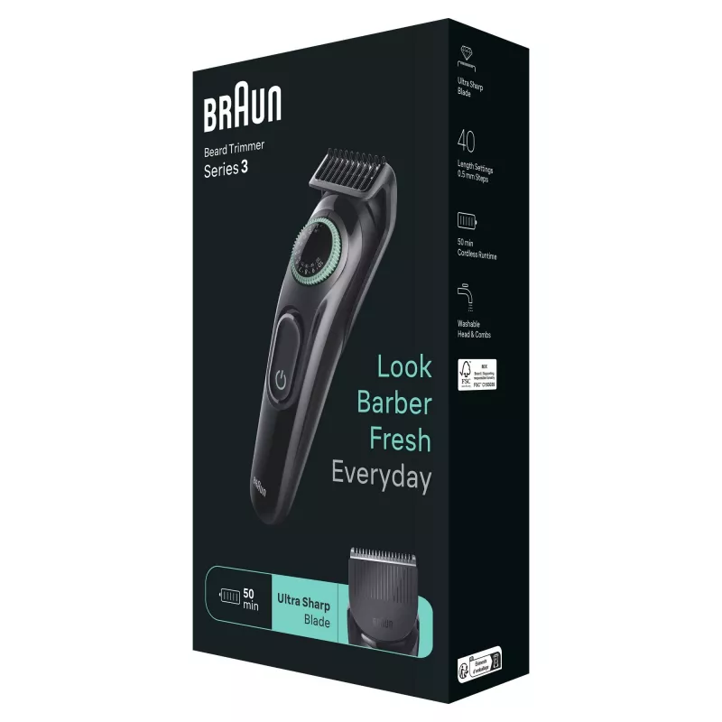Braun BeardTrimmer 3 BT3411 akku 40 2 cm musta, vihreä