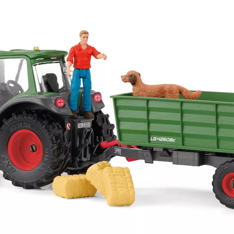 Traktori perävaunulla Schleich FARM WORLD 42608 musta vihreä punainen keltainen