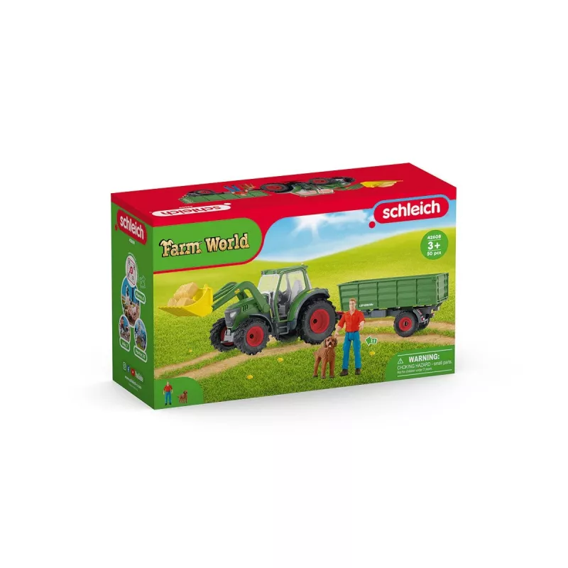 Traktori perävaunulla Schleich FARM WORLD 42608 musta vihreä punainen keltainen