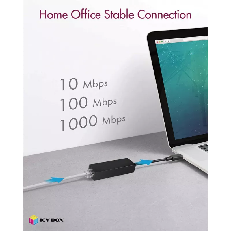 ICY BOX USB 3.0 Type-A - RJ-45 Ethernet-portti, johdollinen, USB, Ethernet, 1000 Mbit/s, musta