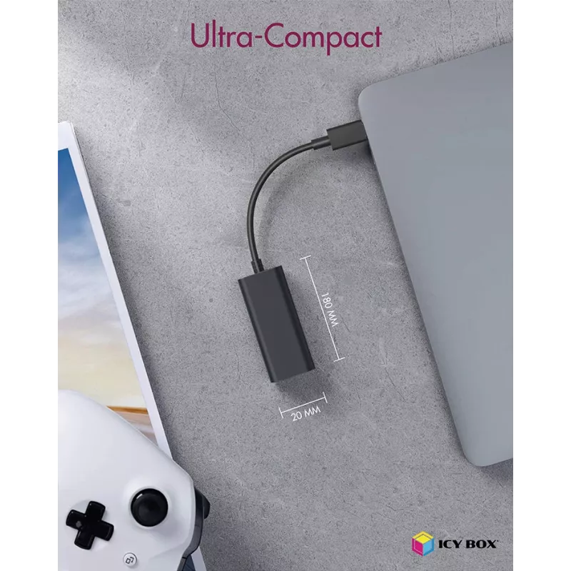 ICY BOX USB 3.0 Type-A - RJ-45 Ethernet-portti, johdollinen, USB, Ethernet, 1000 Mbit/s, musta