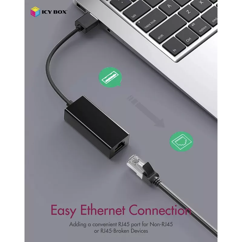 ICY BOX USB 3.0 Type-A - RJ-45 Ethernet-portti, johdollinen, USB, Ethernet, 1000 Mbit/s, musta
