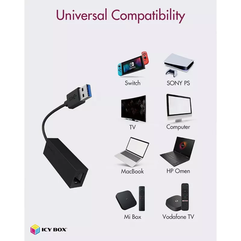 ICY BOX USB 3.0 Type-A - RJ-45 Ethernet-portti, johdollinen, USB, Ethernet, 1000 Mbit/s, musta