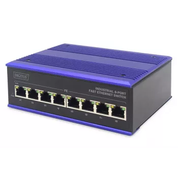 DIGITUS Industrial 8-porttinen Fast Ethernet -kytkin DIN-kiskokiinnitys, laajennettu lämpötila-alue