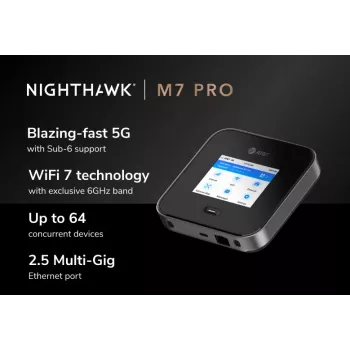 Mobiilireititin Netgear Nighthawk M7 Pro – Tri-Band Wi-Fi 2,4/5/6 GHz, 5G Sub6, LTE, Gigabit-Ethernet, USB-C, kannettava, musta