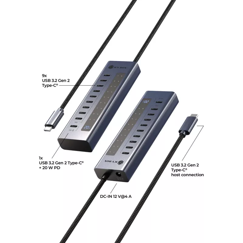 USB-keskitin icybox IB-HUB1450-C31 — 10 porttia, USB 3.2